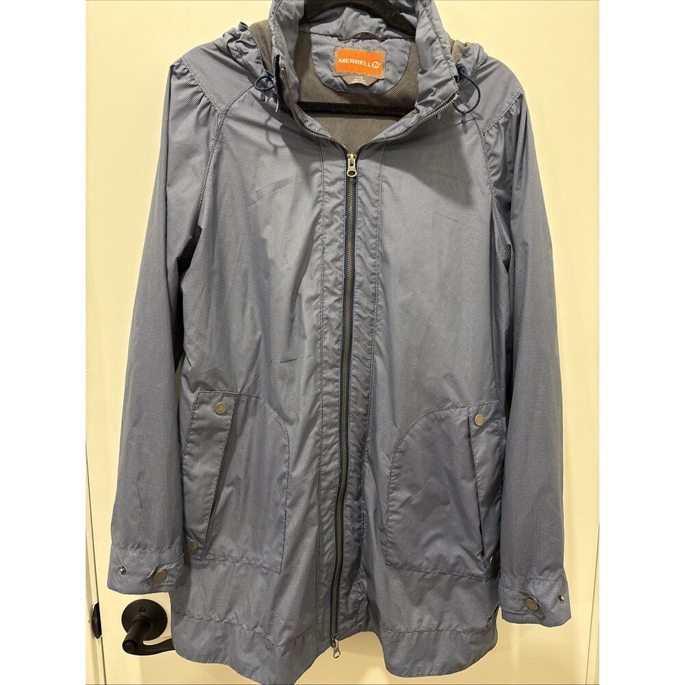 Merrell women's lightweight hooded windbreaker jacket, blue steel, size L